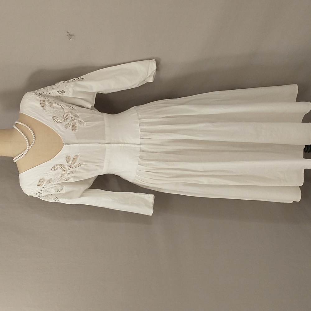Vintage Nancy Johnson White Dress Circle Skirt Wide Waist Lace Detail Pockets - Picture 5 of 13